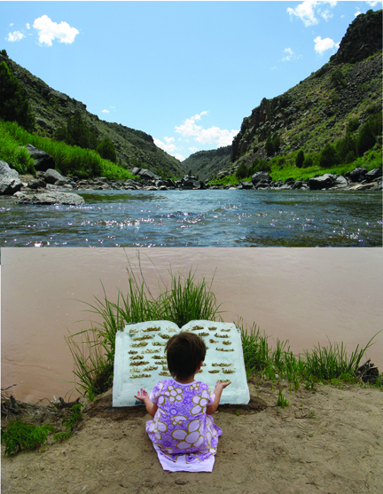 Top image: view within the Rio Grande Gorge at Chiflo;  Bottom image: Cleo reading cottonwood seed text on 300 pound ice book;  Photography and design by Claire Long